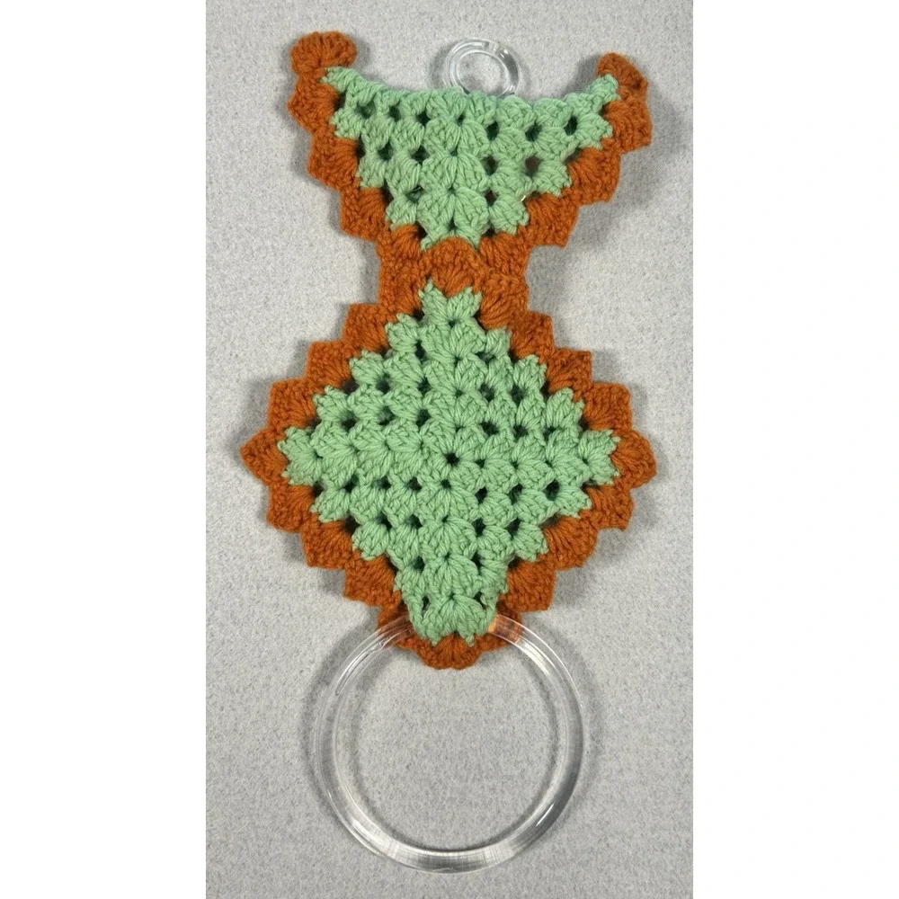 Vtg Crochet Owl Hand Towel Holder with Real looking Eyes Green Brown MCM